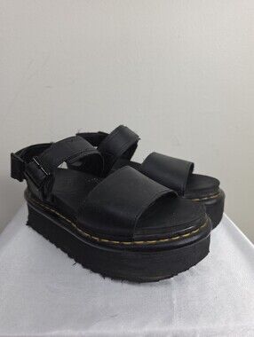 Dr. Martens Black Platform Sandals with Yellow Stitching Accent